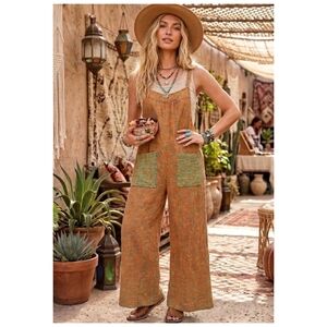 Bohemian Wide-Leg Jumpsuit in Orange with Green Pockets